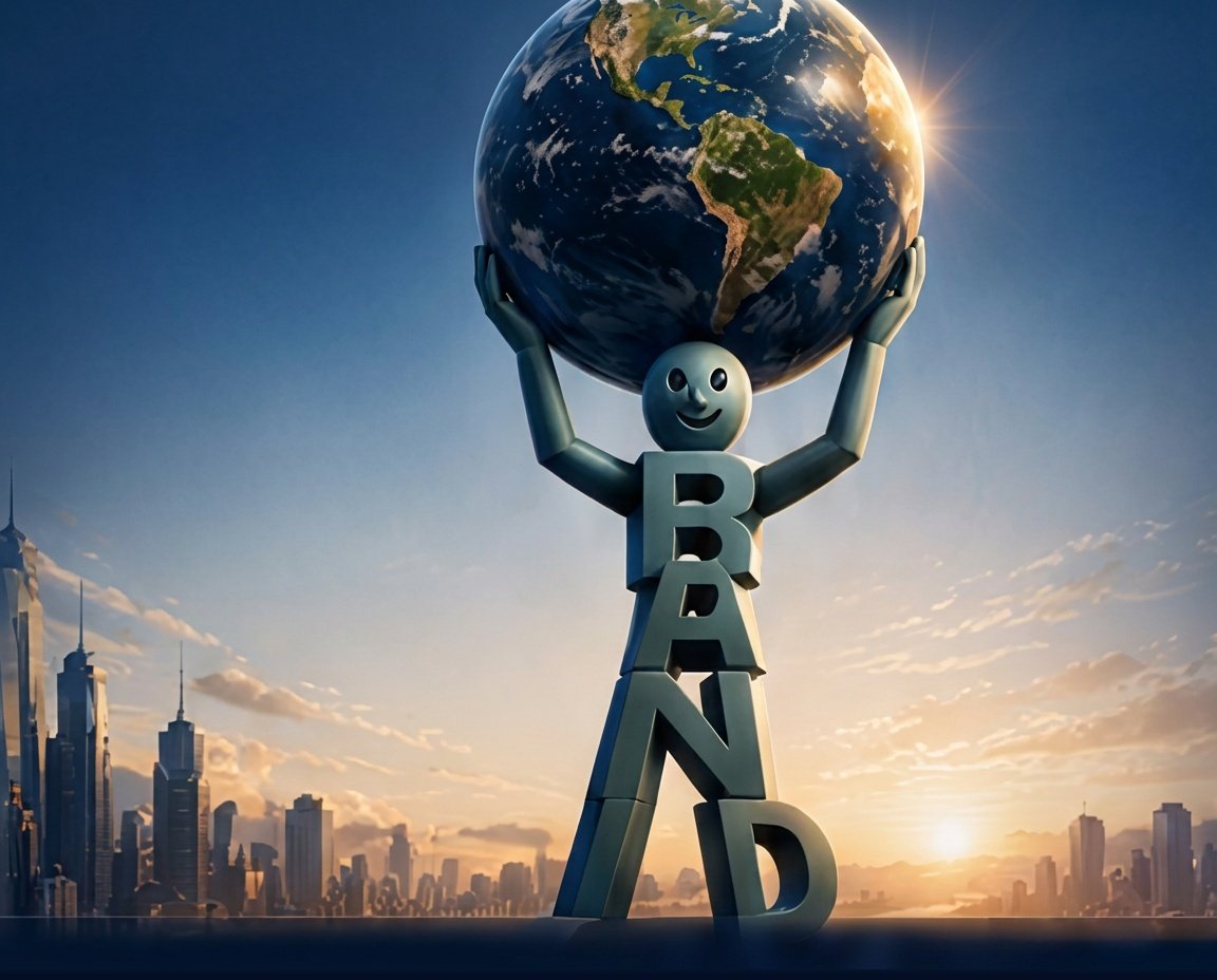 Brand figure holding the earth over a city skyline at sunrise