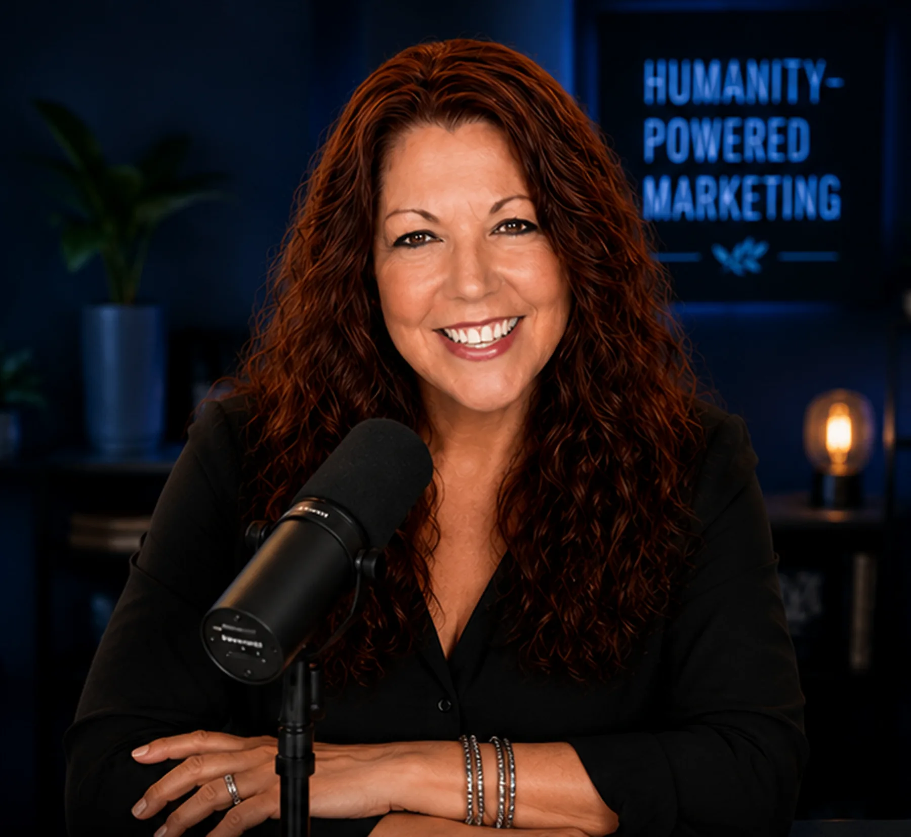 Podcast host Parvene Michaels behind a studio microphone